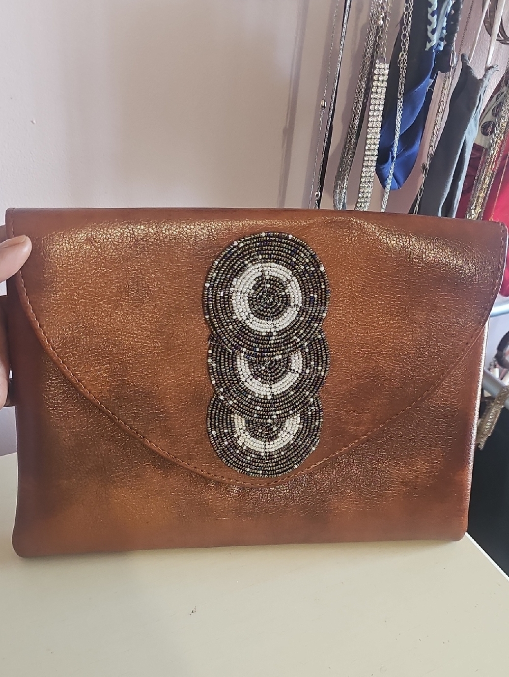Copper Envelope Clutch with Black & White Beaded Medallion